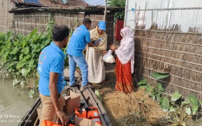 On July 8, 2024, the SBF Dhubri team distributed flood relief kits to flood-affected families in Palaskandi, Vashani Gaon, Chandakhol, and Kalanchipara. The flood relief kit was distributed among 230 households.