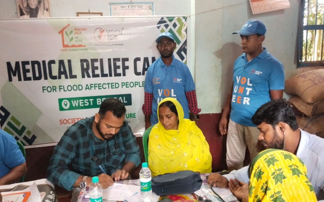 The Society for Bright Future organized a free medical camp today at Panskura, East Midnapore (West Bengal), to support flood victims. The camp provided free medical consultations and medicines to around 200 people in need.